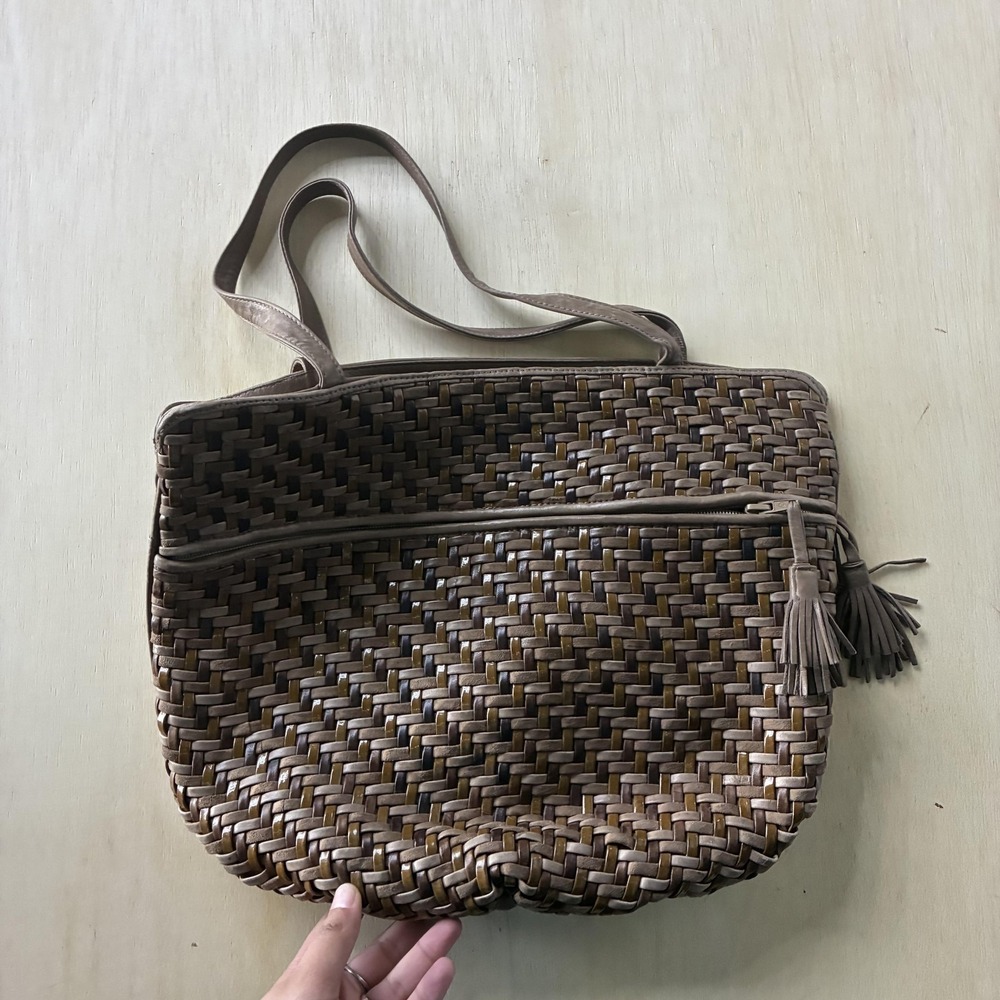 Domina Shoulder Bag Womens Medium Brown Woven Leather Tassel Zip Lined